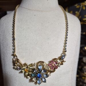 Corocraft Gold-Tone Necklace with Blue and Pink Floral Accents